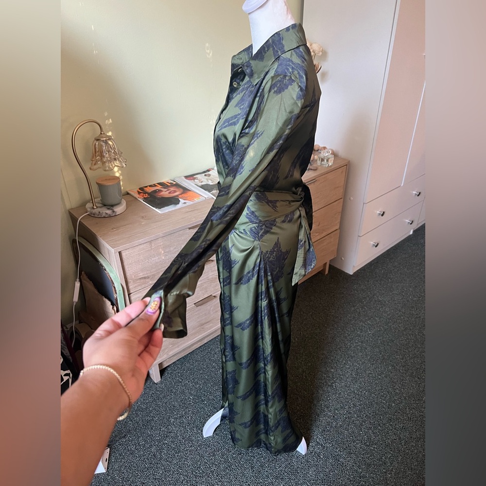 Forest Green & Black Houndstooth Button Down Multi-Way Wrap Satin Maxi Dress S - Picture 12 of 16